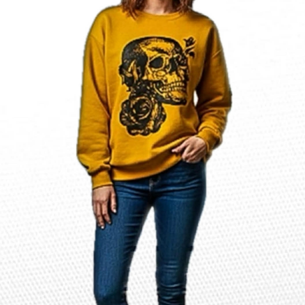 BUFF BUNNY Womens Crewneck Sweater. Musturd Yellow Rose Skull Print. Size M